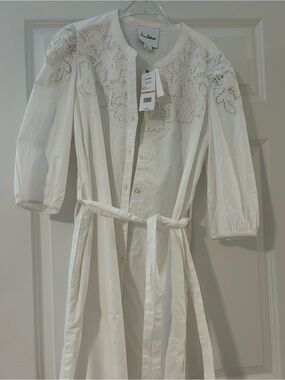 Sam Edelman White Lace Yoke Button-Front Dress with Tie Belt